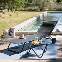 Lit Bain De Soleil LAFUMA Miami - Obsidian -Équipement Outdoor Lafuma lfm2720 6897 lit bain soleil lafuma miami noir ambiance 2